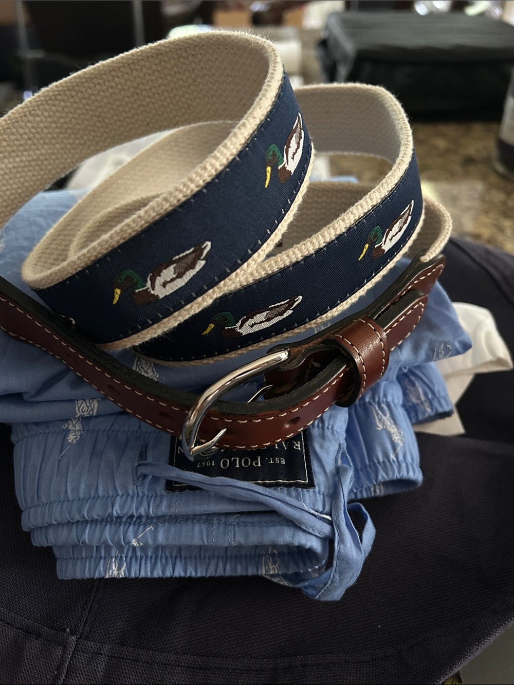 Burlington Sz 44 Mallard Duck Web & Leather Belt - Navy